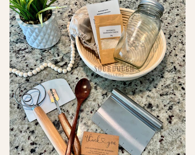 Sourdough Starter Kit: Banneton Basket, Dough Whisk, Live Starter