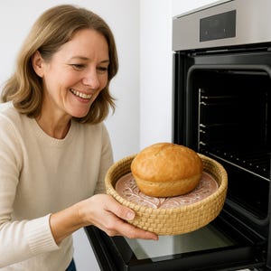 Op de afbeelding: Een lachende vrouw plaatst een versgebakken brood in een oven. Het brood ligt op een decoratief bord in een gevlochten mand. De oven is van roestvrij staal.