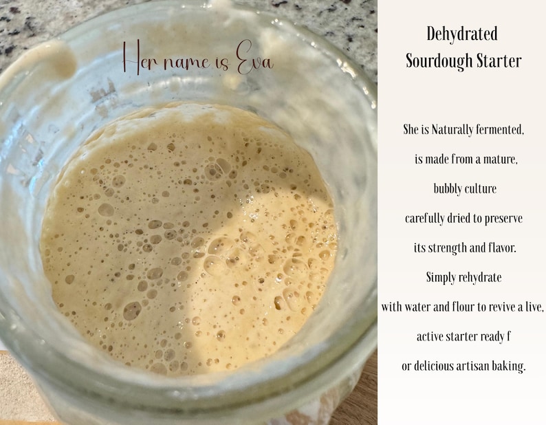 May include: Close-up of a glass jar filled with a bubbly, beige sourdough starter. The text "Her name is Eva" is visible. The text on the right reads "Dehydrated Sourdough Starter" and describes the starter's natural fermentation and preparation.