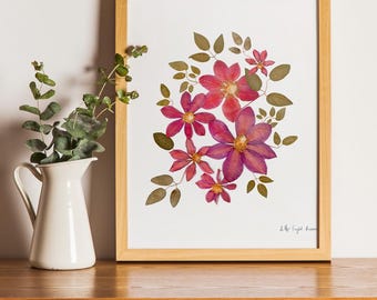 Geperste bloemenkunst, botanische print, herbariumspecimen Clematis bloem gedroogde bloemkunst, geperste botanische kunst 8,5 x 11 inch, INGELIJSTE PRINT