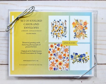 Wenskaartenset aprilbloemen - set van 8 blanco bloemenkaarten met enveloppen | Geperste bloemenkunst, botanisch briefpapier, cadeauset