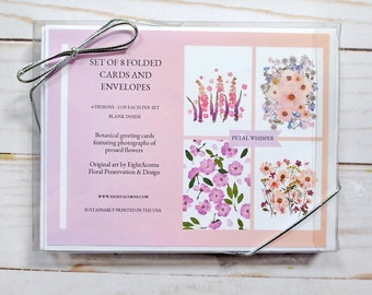 Pink Petal Whisper-wenskaartenset: 8 blanco kaarten met bloemen en enveloppen | Geperste bloemenkunst, botanisch briefpapier, cadeauset