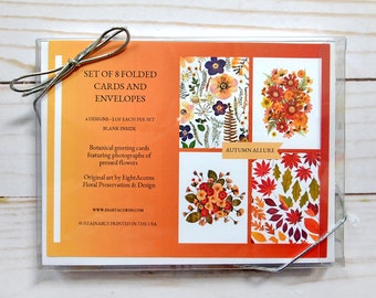 Autumn Allure-wenskaartenset: 8 blanco kaarten met bloemen en enveloppen | Geperste bloemenkunst, botanisch briefpapier, cadeauset
