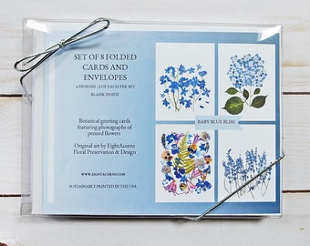 Set met babyblauwe Bliss-wenskaarten: 8 blanco kaarten met bloemen en enveloppen | Geperste bloemenkunst, botanisch briefpapier, cadeauset