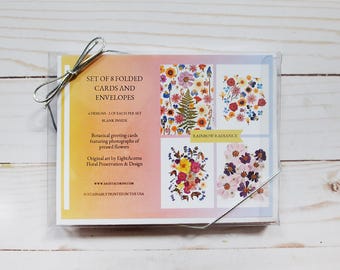 Rainbow Radience-wenskaartenset: 8 blanco kaarten met bloemen en enveloppen | Geperste bloemenkunst, botanisch briefpapier, cadeauset