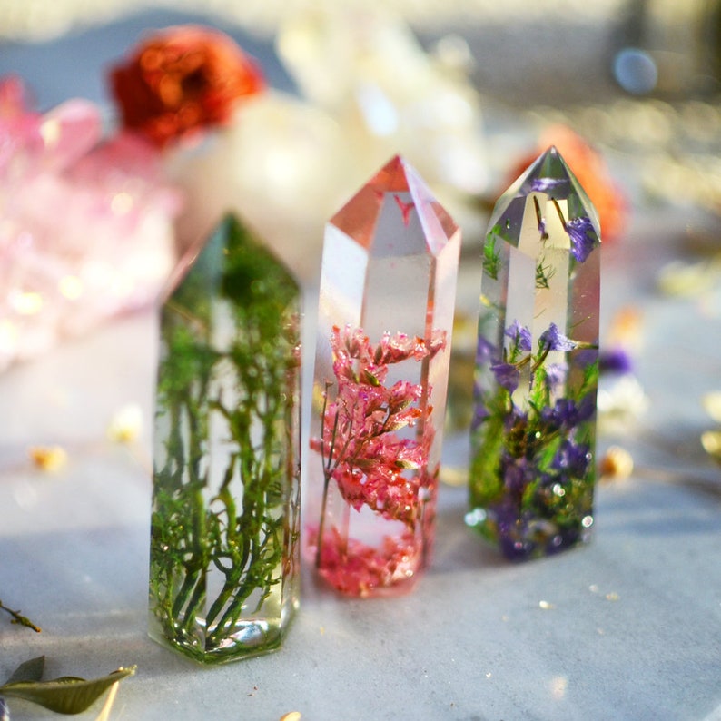 Resin Crystal Point Floral Terrarium Obelisk Crystal Tower Etsy