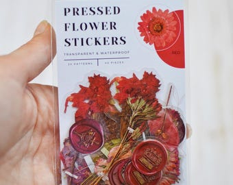 Stickerset geperste bloem - 40 waterdichte vinylstickers | Bloemenstickers voor journaling, waterflessen, laptops, spiegels - ROOD