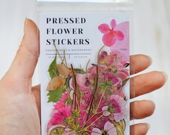 Stickerset geperste bloem - 40 waterdichte vinylstickers | Bloemenstickers voor journaling, waterflessen, laptops, spiegels - ROZE