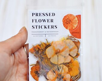 Stickerset geperste bloem - 40 waterdichte vinylstickers | Bloemenstickers voor logboeken, waterflessen, laptops en spiegels - ORANJE