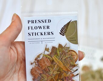 Stickerset geperste bloem - 40 waterdichte vinylstickers | Bloemenstickers voor journaling, waterflessen, laptops, spiegels - bladgroen