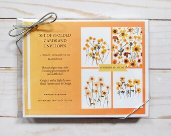 Sunshine Blossom-wenskaartenset: 8 blanco kaarten met bloemen en enveloppen | Geperste bloemenkunst, botanisch briefpapier, cadeauset