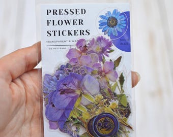 Stickerset geperste bloem - 40 waterdichte vinylstickers | Bloemenstickers voor logboeken, waterflessen, laptops en spiegels - nachtblauw
