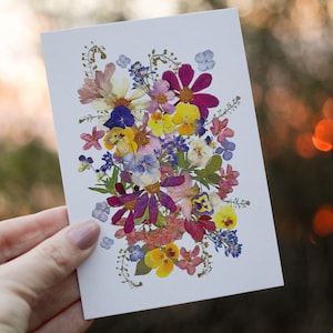 Gepresste Blumen Grußkarte, Blumenbriefpapier, Grußkarten blanko, botanische Grußkarte, Blumencollage / PRINT