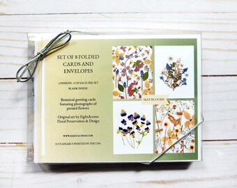 Wenskaartenset May Blooms: 8 blanco kaarten met bloemen en enveloppen | Geperste bloemenkunst, botanisch briefpapier, cadeauset