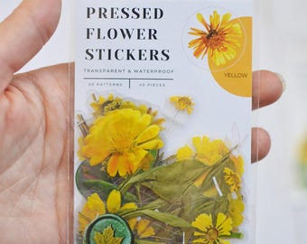 Stickerset geperste bloem - 40 waterdichte vinylstickers | Bloemenstickers voor dagboek, waterflessen, laptops, spiegels - GEEL