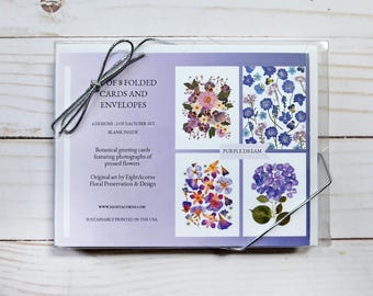 Wenskaartenset Purple Dream: 8 blanco kaarten met bloemen en enveloppen | Geperste bloemenkunst, botanisch briefpapier, cadeauset