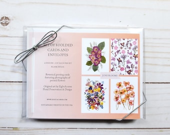 Wenskaartenset June Blooms - set van 8 blanco bloemenkaarten met enveloppen | Geperste bloemenkunst, botanisch briefpapier, cadeauset