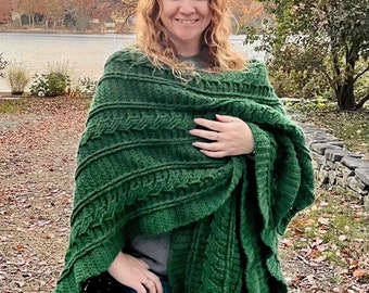 Ruana Crochet Pattern - Blanket Wrap Pattern -  Emerald Isle Cable Ruana