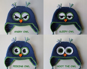 Owl Hat Crochet Pattern - Angry Sleeping Peek Hoot the Owl - Crochet Pattern with 6 sizes included