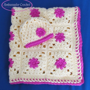 Baby Blanket Crochet Pattern - Baby Hat Pattern - Blooming Clusters Baby Set PDF