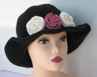 Wide Brim Hat Crochet Pattern with Flowers Country Roses PDF