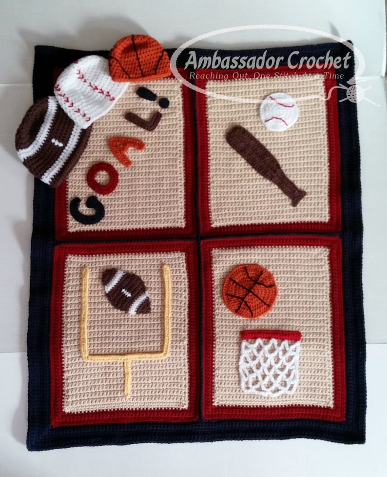 Baby Boy Blanket Crochet Pattern Basketball Football Baseball Sports Hat set image 1