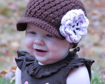 Crochet Pattern Brown Cluster Beanie Pink Flower 4 sizes included PDF