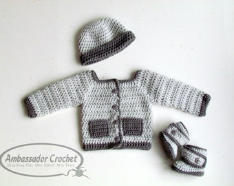 Baby Sweater Crochet Pattern - Baby Booties Pattern - Crochet Hat Pattern - Baby Boy Sweater