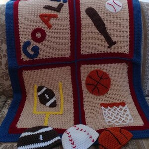 Baby Boy Blanket Crochet Pattern Basketball Football Baseball Sports Hat set image 5