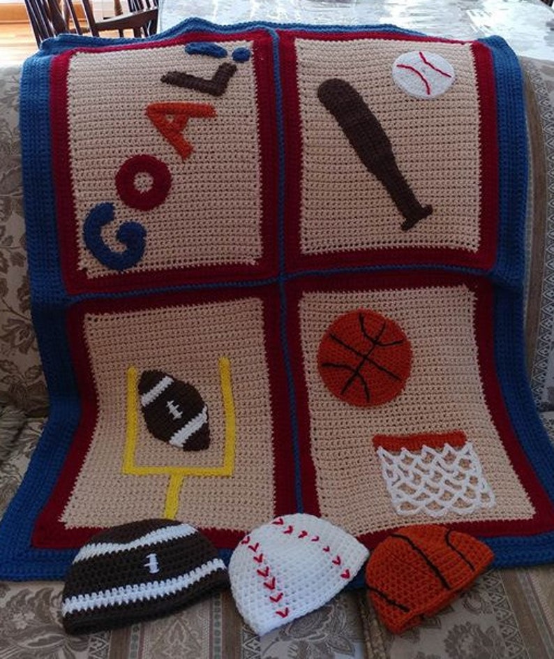 Baby Boy Blanket Crochet Pattern Basketball Football Baseball Sports Hat set image 5