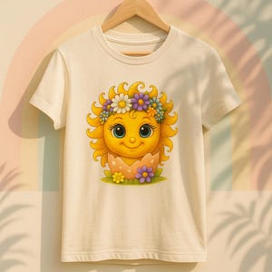 Cute cartoon sun character with big teal eyes and golden wavy rays, wearing a colorful daisy and flower crown, smiling from inside a cracked pastel pink egg covered in little hearts, with bright flowers and green grass at the base and a soft blue glowing sky behind. Playful spring and Easter graphic art, perfect for a cheerful kids T shirt design.