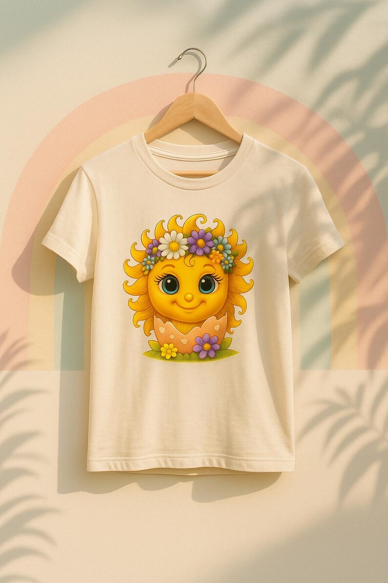 Cute cartoon sun character with big teal eyes and golden wavy rays, wearing a colorful daisy and flower crown, smiling from inside a cracked pastel pink egg covered in little hearts, with bright flowers and green grass at the base and a soft blue glowing sky behind. Playful spring and Easter graphic art, perfect for a cheerful kids T shirt design.