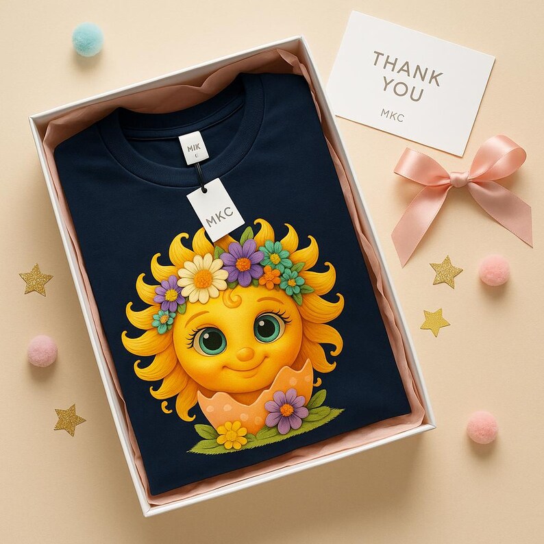 Cute cartoon sun character with big teal eyes and golden wavy rays, wearing a colorful daisy and flower crown, smiling from inside a cracked pastel pink egg covered in little hearts, with bright flowers and green grass at the base and a soft blue glowing sky behind. Playful spring and Easter graphic art, perfect for a cheerful kids T shirt design.
