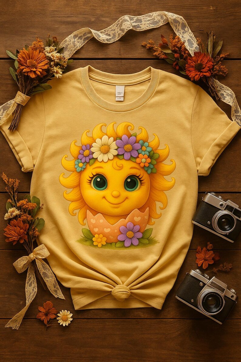 Cute cartoon sun character with big teal eyes and golden wavy rays, wearing a colorful daisy and flower crown, smiling from inside a cracked pastel pink egg covered in little hearts, with bright flowers and green grass at the base and a soft blue glowing sky behind. Playful spring and Easter graphic art, perfect for a cheerful kids T shirt design.