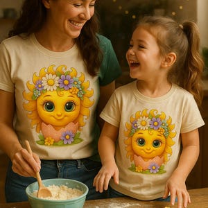 Cute cartoon sun character with big teal eyes and golden wavy rays, wearing a colorful daisy and flower crown, smiling from inside a cracked pastel pink egg covered in little hearts, with bright flowers and green grass at the base and a soft blue glowing sky behind. Playful spring and Easter graphic art, perfect for a cheerful kids T shirt design.
