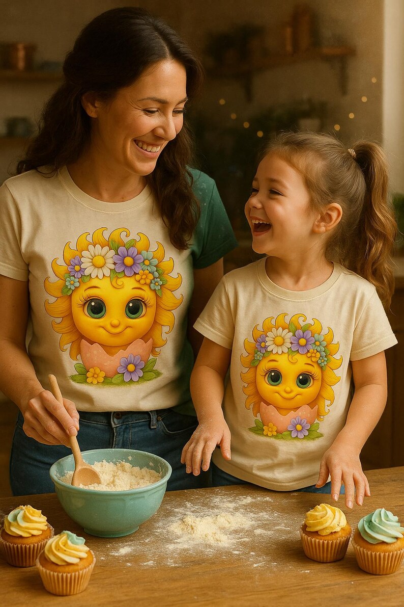 Cute cartoon sun character with big teal eyes and golden wavy rays, wearing a colorful daisy and flower crown, smiling from inside a cracked pastel pink egg covered in little hearts, with bright flowers and green grass at the base and a soft blue glowing sky behind. Playful spring and Easter graphic art, perfect for a cheerful kids T shirt design.