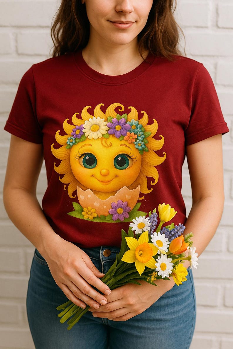 Cute cartoon sun character with big teal eyes and golden wavy rays, wearing a colorful daisy and flower crown, smiling from inside a cracked pastel pink egg covered in little hearts, with bright flowers and green grass at the base and a soft blue glowing sky behind. Playful spring and Easter graphic art, perfect for a cheerful kids T shirt design.