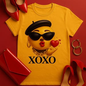 May include: Mustard yellow t-shirt featuring a stylish emoji wearing sunglasses and a beret, blowing a kiss with a red heart. The shirt is surrounded by red high heels, a red clutch, and gold hoop earrings. The text "XOXO" is below the emoji.