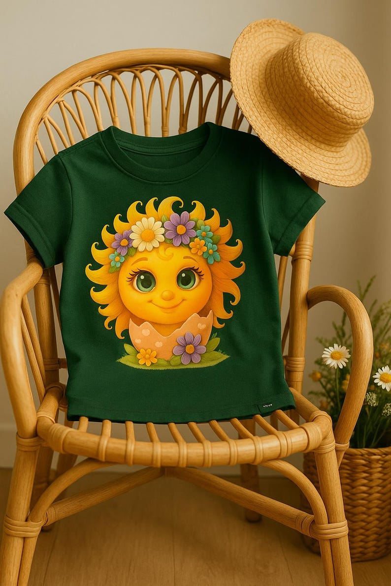 Cute cartoon sun character with big teal eyes and golden wavy rays, wearing a colorful daisy and flower crown, smiling from inside a cracked pastel pink egg covered in little hearts, with bright flowers and green grass at the base and a soft blue glowing sky behind. Playful spring and Easter graphic art, perfect for a cheerful kids T shirt design.