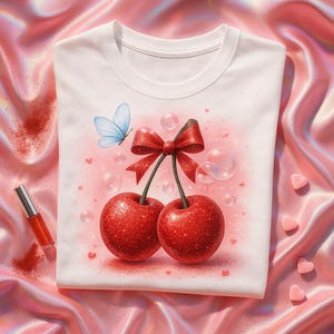 May include: White t-shirt featuring a whimsical design of two sparkling red cherries tied with a red bow. A light blue butterfly and bubbles accent the design. The shirt is folded on a pink satin surface.