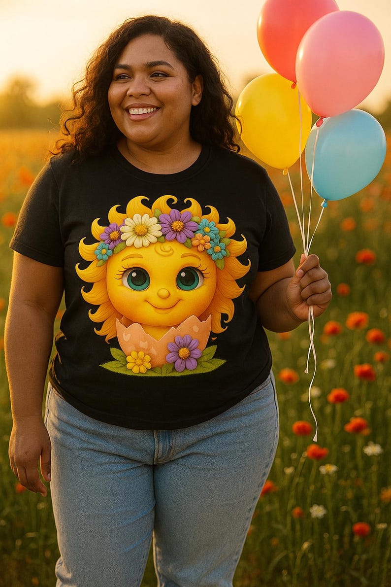 Cute cartoon sun character with big teal eyes and golden wavy rays, wearing a colorful daisy and flower crown, smiling from inside a cracked pastel pink egg covered in little hearts, with bright flowers and green grass at the base and a soft blue glowing sky behind. Playful spring and Easter graphic art, perfect for a cheerful kids T shirt design.