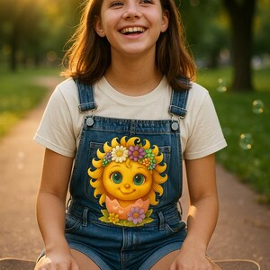 Cute cartoon sun character with big teal eyes and golden wavy rays, wearing a colorful daisy and flower crown, smiling from inside a cracked pastel pink egg covered in little hearts, with bright flowers and green grass at the base and a soft blue glowing sky behind. Playful spring and Easter graphic art, perfect for a cheerful kids T shirt design.