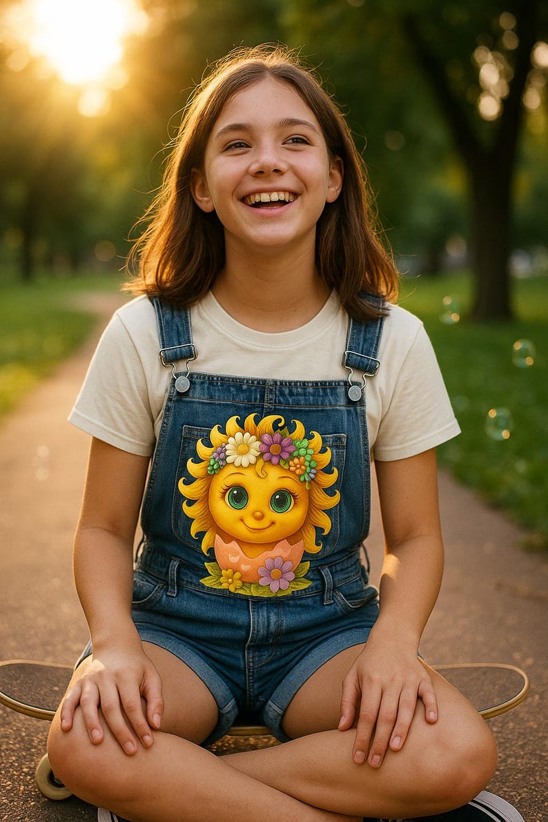 Cute cartoon sun character with big teal eyes and golden wavy rays, wearing a colorful daisy and flower crown, smiling from inside a cracked pastel pink egg covered in little hearts, with bright flowers and green grass at the base and a soft blue glowing sky behind. Playful spring and Easter graphic art, perfect for a cheerful kids T shirt design.