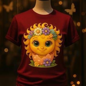 Cute cartoon sun character with big teal eyes and golden wavy rays, wearing a colorful daisy and flower crown, smiling from inside a cracked pastel pink egg covered in little hearts, with bright flowers and green grass at the base and a soft blue glowing sky behind. Playful spring and Easter graphic art, perfect for a cheerful kids T shirt design.