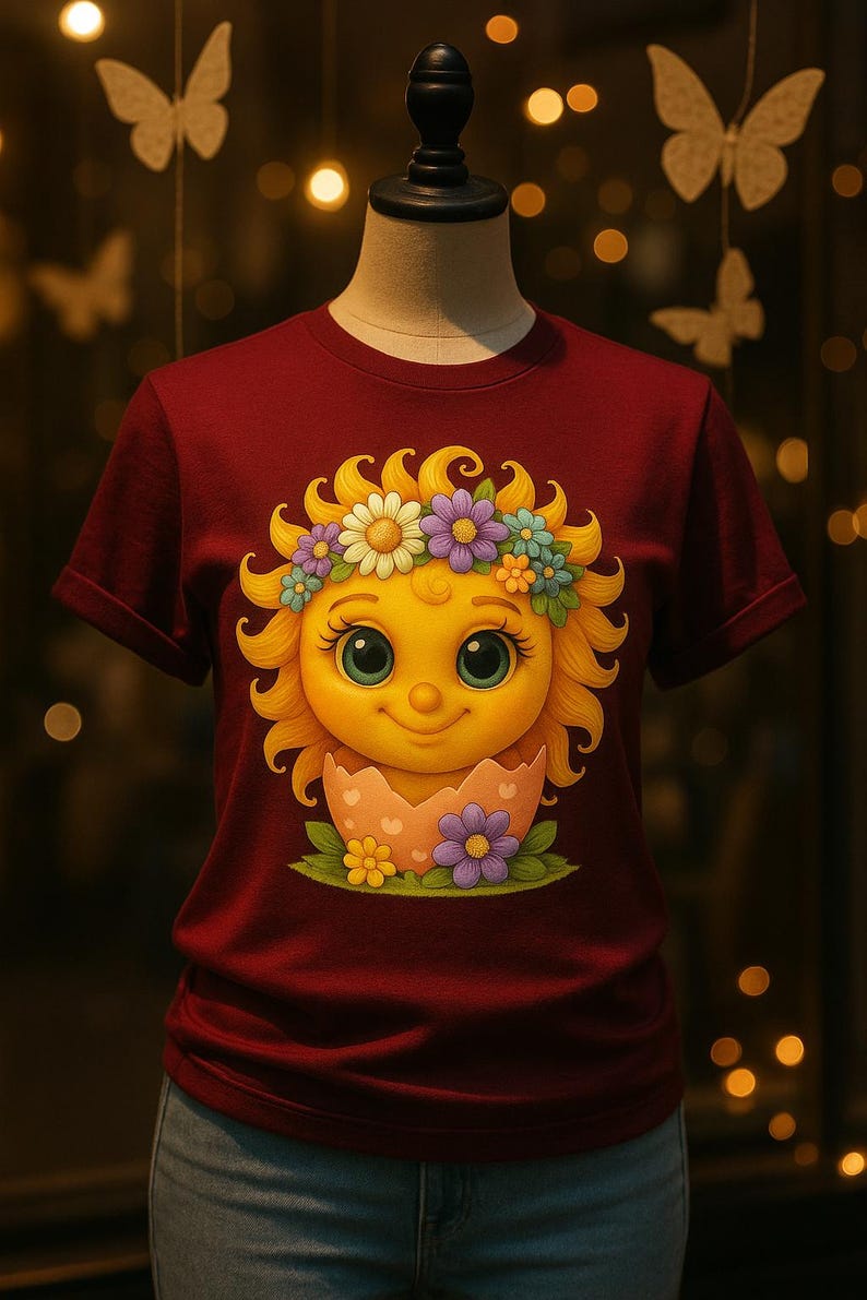 Cute cartoon sun character with big teal eyes and golden wavy rays, wearing a colorful daisy and flower crown, smiling from inside a cracked pastel pink egg covered in little hearts, with bright flowers and green grass at the base and a soft blue glowing sky behind. Playful spring and Easter graphic art, perfect for a cheerful kids T shirt design.