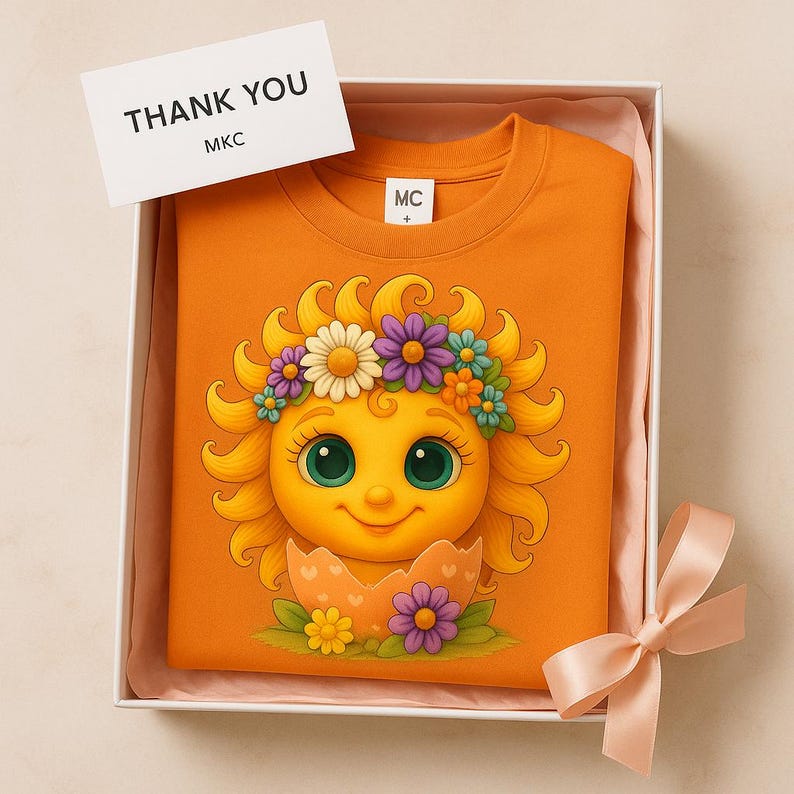 Cute cartoon sun character with big teal eyes and golden wavy rays, wearing a colorful daisy and flower crown, smiling from inside a cracked pastel pink egg covered in little hearts, with bright flowers and green grass at the base and a soft blue glowing sky behind. Playful spring and Easter graphic art, perfect for a cheerful kids T shirt design.