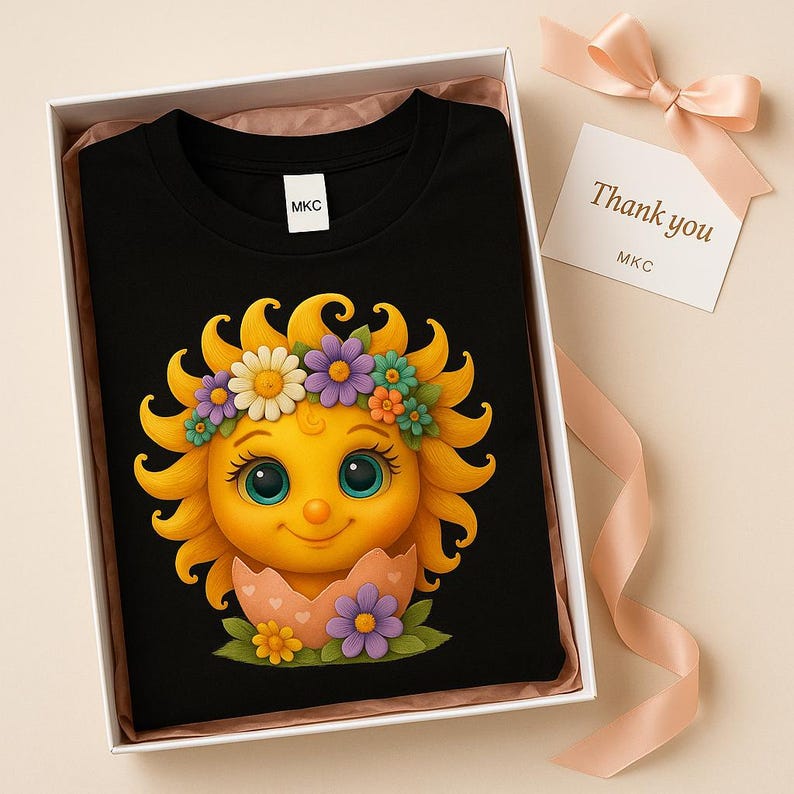 Cute cartoon sun character with big teal eyes and golden wavy rays, wearing a colorful daisy and flower crown, smiling from inside a cracked pastel pink egg covered in little hearts, with bright flowers and green grass at the base and a soft blue glowing sky behind. Playful spring and Easter graphic art, perfect for a cheerful kids T shirt design.