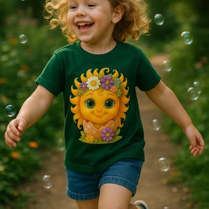 Cute cartoon sun character with big teal eyes and golden wavy rays, wearing a colorful daisy and flower crown, smiling from inside a cracked pastel pink egg covered in little hearts, with bright flowers and green grass at the base and a soft blue glowing sky behind. Playful spring and Easter graphic art, perfect for a cheerful kids T shirt design.