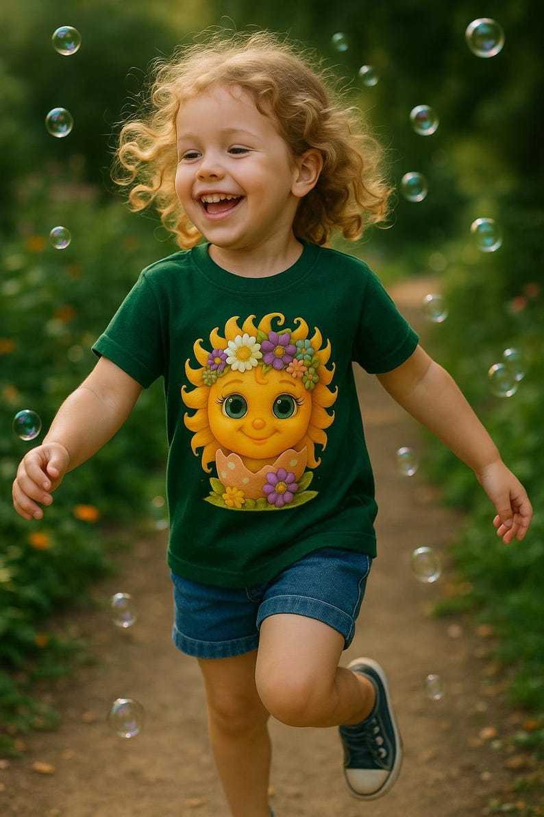 Cute cartoon sun character with big teal eyes and golden wavy rays, wearing a colorful daisy and flower crown, smiling from inside a cracked pastel pink egg covered in little hearts, with bright flowers and green grass at the base and a soft blue glowing sky behind. Playful spring and Easter graphic art, perfect for a cheerful kids T shirt design.