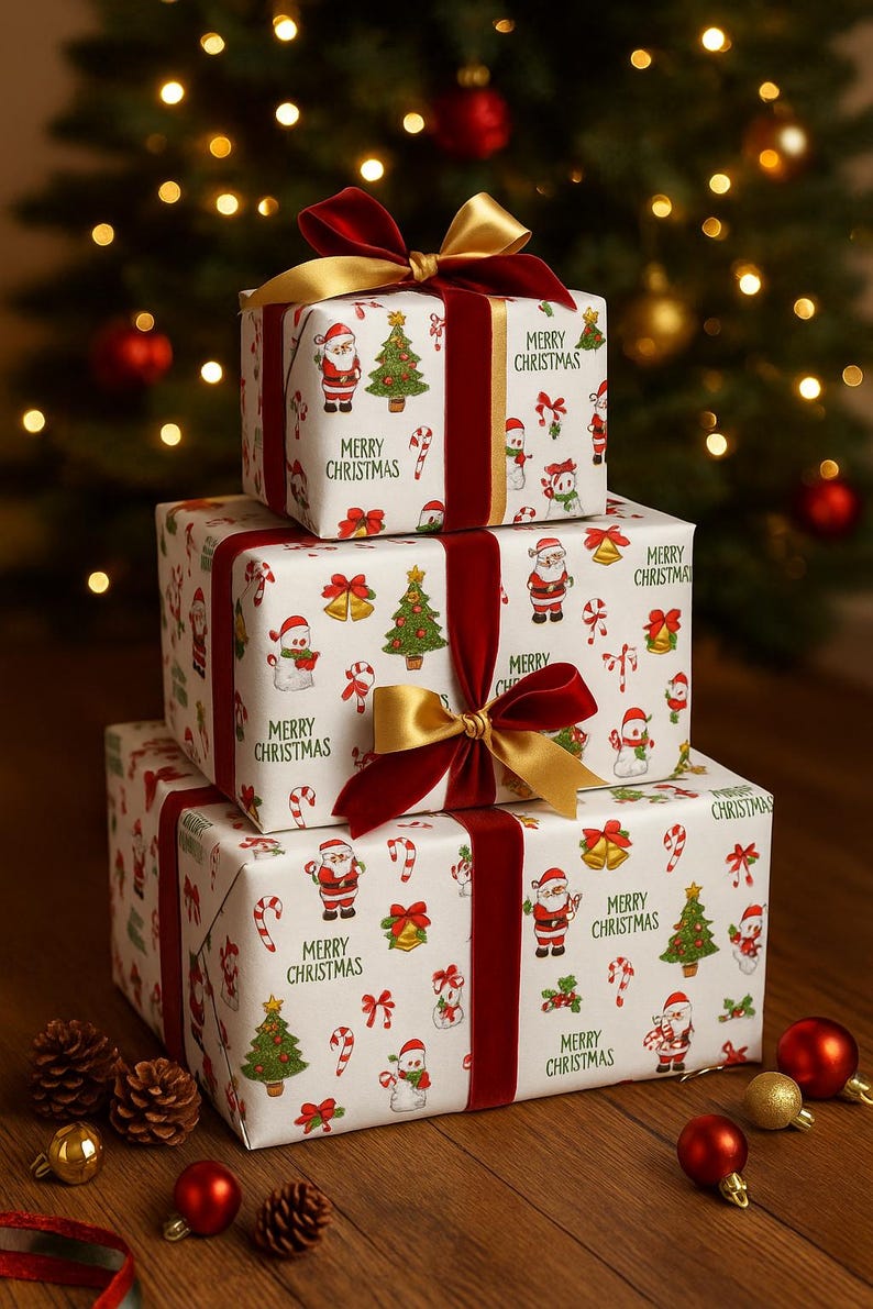 Christmas Decorated Wrapper Merry Christmas Wrapping Paper – Festive Santa & Tree Gift Wrap Sheets ...